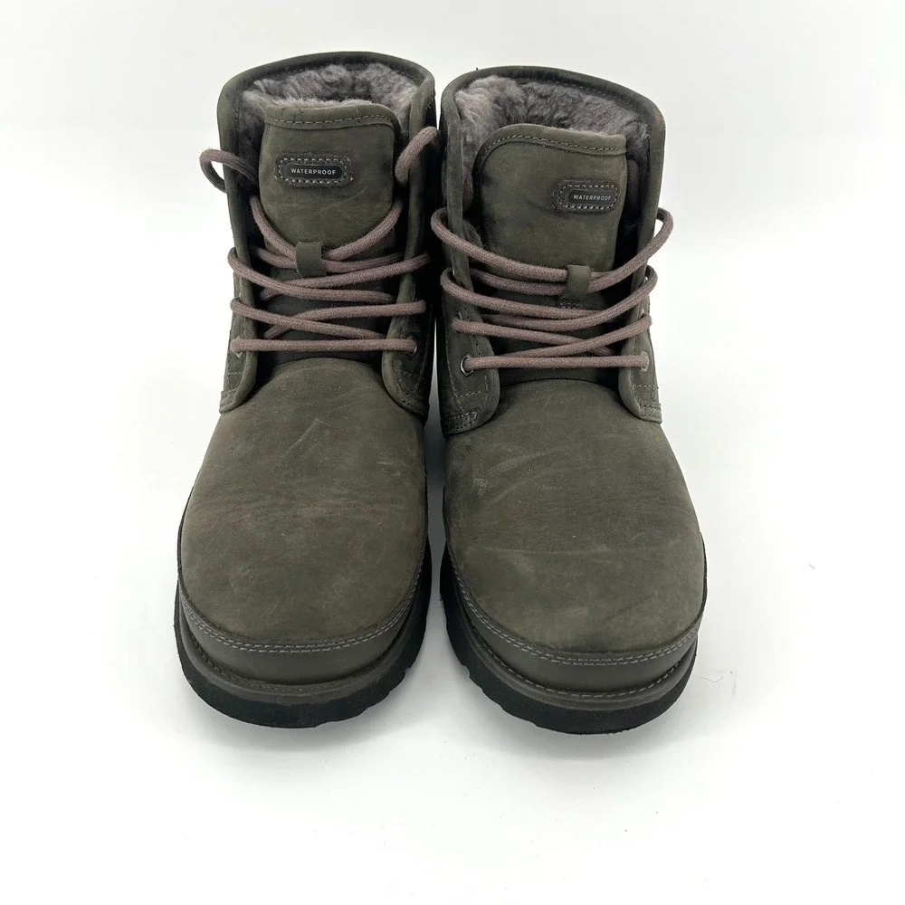 UGG Men's 7 Harkley Waterproof Leather Greenish‎ Gray Lace Up Boots Shearling